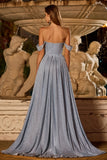 Sparkly Off The Shoulder Mermaid Corset Dusty Blue Satin Long Prom Dress with Slit