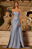 Sparkly Dusty Blue Off The Shoulder Mermaid Corset Satin Long Prom Dress with Slit