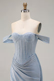 Sparkly Off The Shoulder Mermaid Corset Dusty Blue Satin Long Prom Dress with Slit