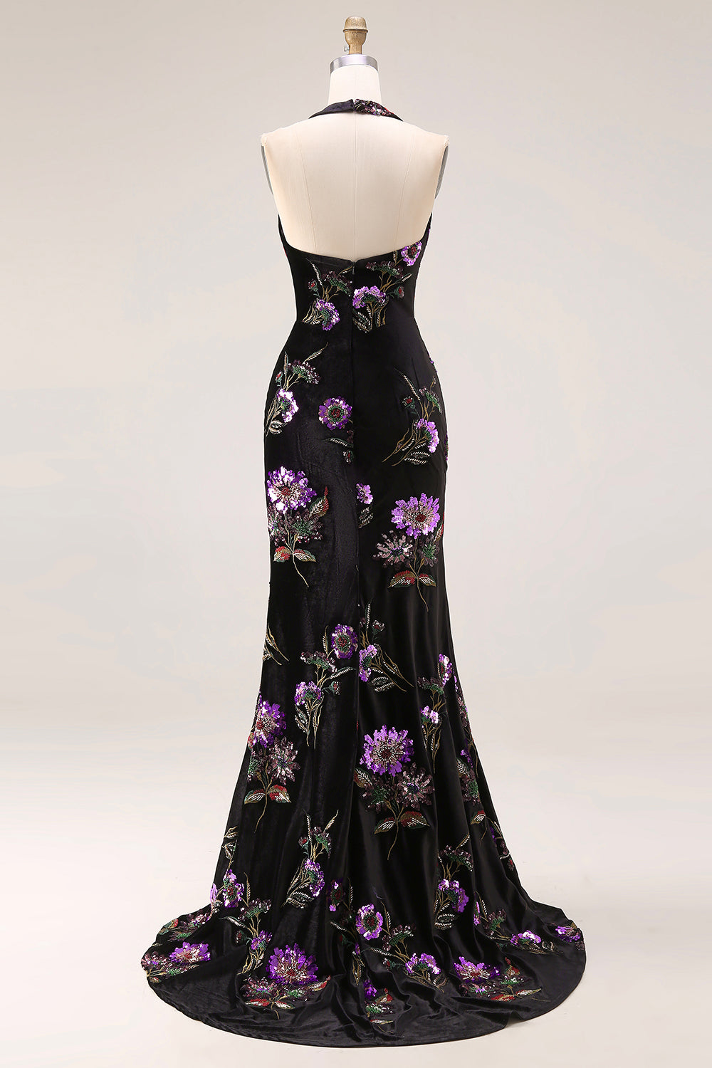 ZAPAKA Women Black Halter Long Prom Dress with Slit Mermaid Sequins Velvet Formal Dress, Black / UK18
