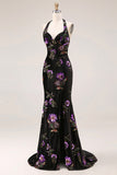 Mermaid Black Velvet Halter Embroidered Sequin Long Prom Dress with Slit