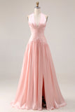 Halter Blush Pink A-Line Pleated Long Prom Dress with Slit