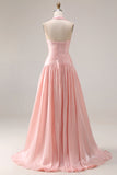 Halter Blush Pink A-Line Pleated Long Prom Dress with Slit