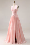 Halter Blush Pink A-Line Pleated Long Prom Dress with Slit
