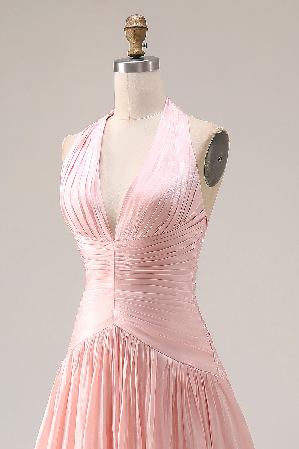 ZAPAKA Women Blush Pink Long Prom Dress A-Line Halter Pleated Formal