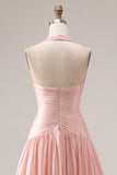 Halter Blush Pink A-Line Pleated Long Prom Dress with Slit