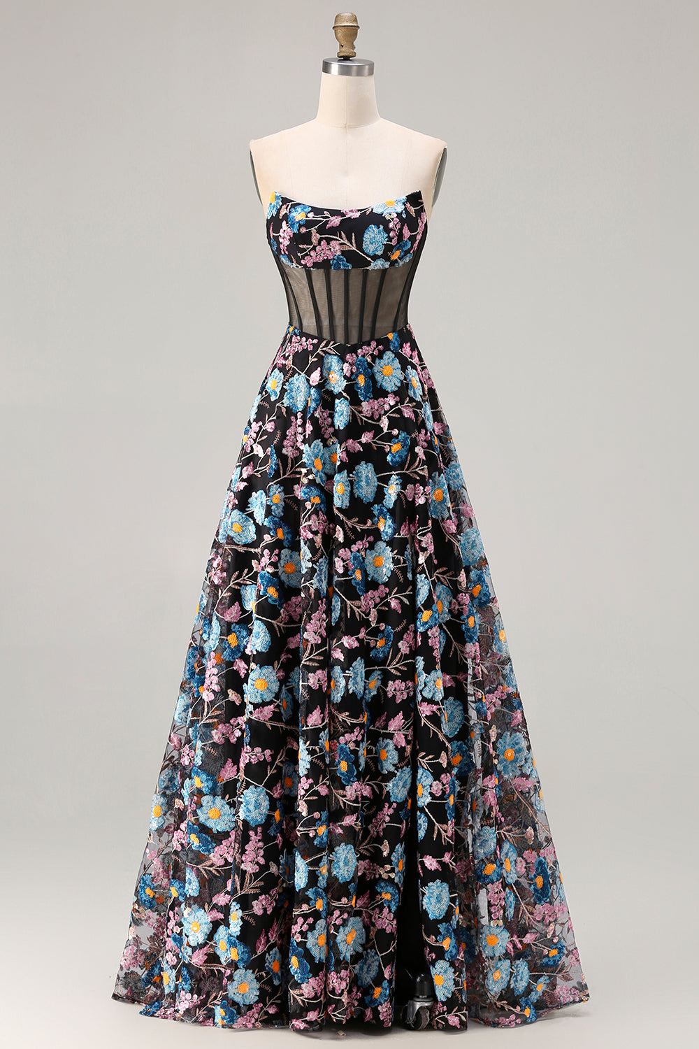 Zapaka Women Black Print Floral Prom Dress with Slit A Line Corset Strapless Long Party Dress with Lace Up Back, Black Flower / US24W Zapaka Women Black Print Floral Prom Dress with Slit A Line Corset Strapless Long Party Dress with Lace Up Back, Black Flower / US24W