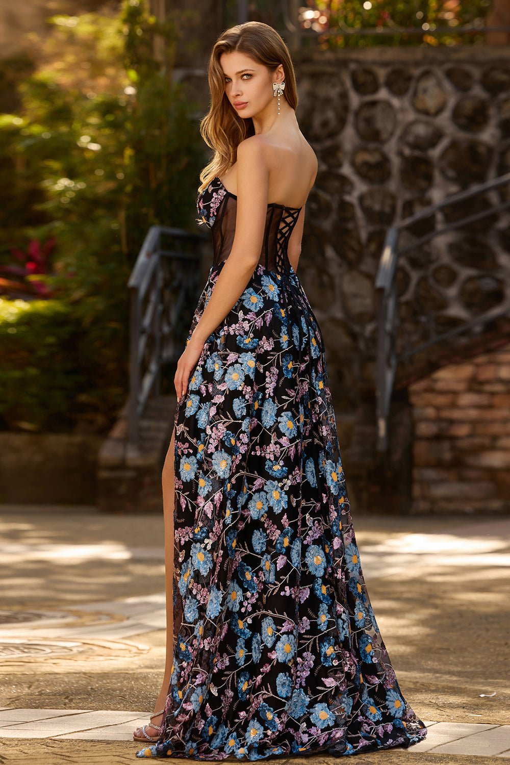 Zapaka Women Black Floral Prom Dress with Slit A Line Strapless Corset Print Long Party Dress with Lace Up Back, Black Flower / US8 Zapaka Women Black Floral Prom Dress with Slit A Line Strapless Corset Print Long Party Dress with Lace Up Back, Black Flower / US8