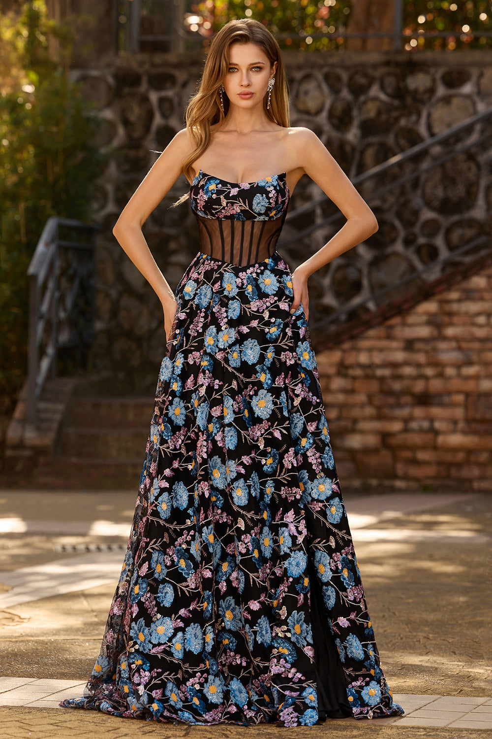 black top floral bottom prom dress Flower Fairy Black Floral Prom Dresses 2024 Embroidered Sequins Off-The-Shoulder Floor-Length / Long A-