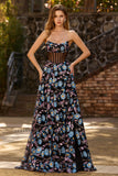 Black Strapless Floral A Line Sheer Corset Long Prom Dress with Slit