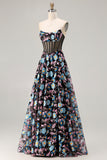 Strapless Black A Line Sheer Corset Print Floral Long Prom Dress with Slit