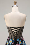 Strapless Black A Line Sheer Corset Print Floral Long Prom Dress with Slit
