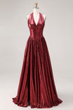 Burgundy Metallic A Line Halter Neck Corset Long Prom Dress with Slit