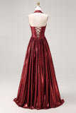 Burgundy Metallic A Line Halter Neck Corset Long Prom Dress with Slit