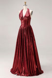 Burgundy Metallic A Line Halter Neck Corset Long Prom Dress with Slit