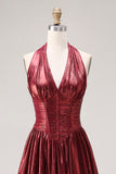 Burgundy Metallic A Line Halter Neck Corset Long Prom Dress with Slit