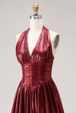 Burgundy Metallic A Line Halter Neck Corset Long Prom Dress with Slit