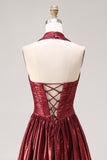 Burgundy Metallic A Line Halter Neck Corset Long Prom Dress with Slit