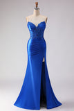 Royal Blue Strapless Mermaid Beaded Satin Long Prom Dress with Slit