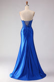 Royal Blue Strapless Mermaid Beaded Satin Long Prom Dress with Slit
