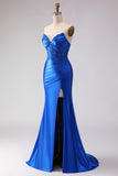 Royal Blue Strapless Mermaid Beaded Satin Long Prom Dress with Slit