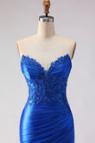 Royal Blue Strapless Mermaid Beaded Satin Long Prom Dress with Slit