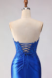 Royal Blue Strapless Mermaid Beaded Satin Long Prom Dress with Slit
