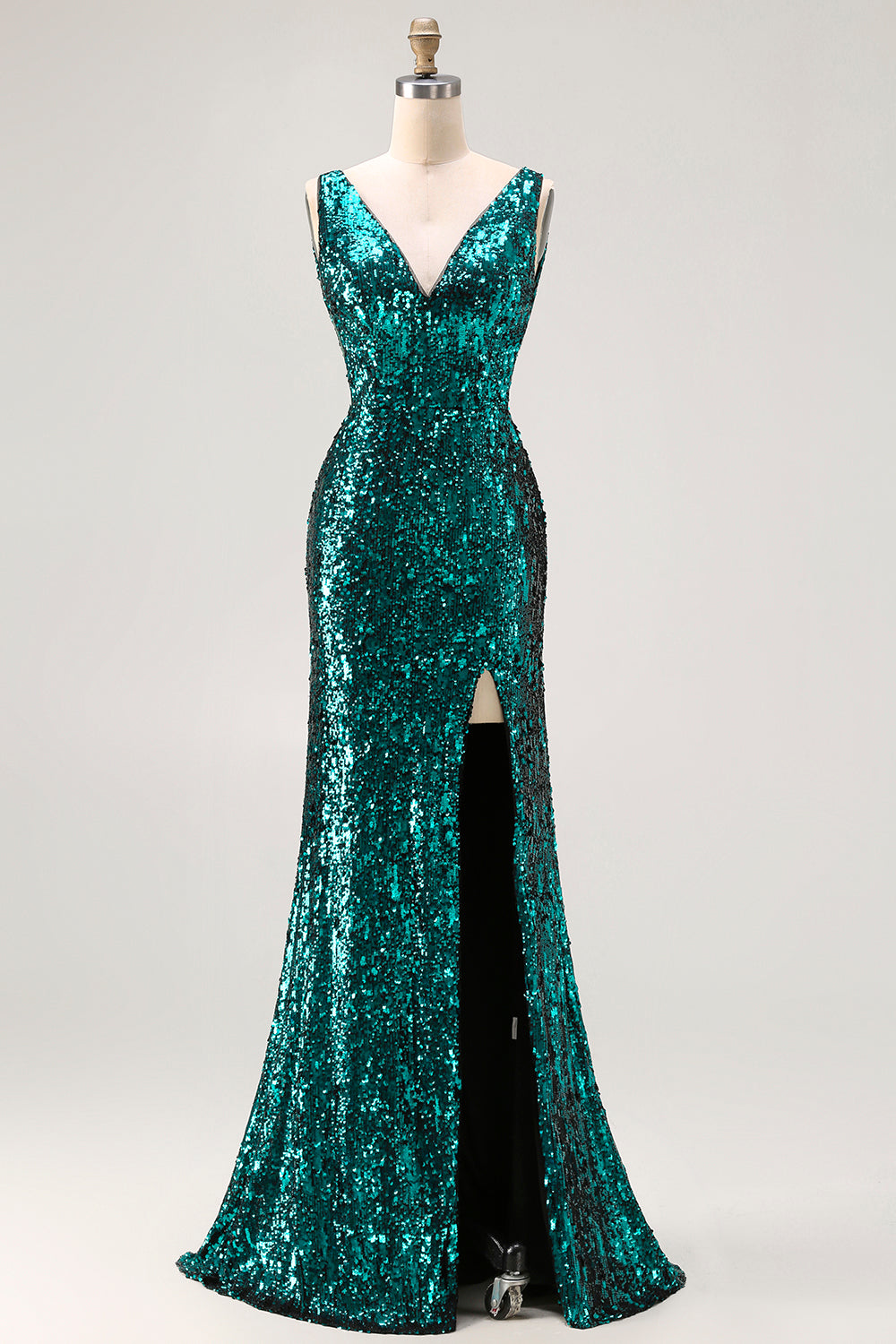 Zapaka Women Sparkly Peacock Green Long Prom Dress with Slit Mermaid Open Back V-Neck Sequin Party Dress, Peacock Green / UK8 Zapaka Women Sparkly Peacock Green Long Prom Dress with Slit Mermaid Open Back V-Neck Sequin Party Dress, Peacock Green / UK8