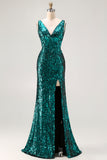 Sparkly Peacock Green Mermaid Open Back Sequin Long Prom Dress with Slit
