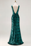 Sparkly Peacock Green Mermaid Open Back Sequin Long Prom Dress with Slit