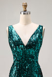 Sparkly Peacock Green Mermaid Open Back Sequin Long Prom Dress with Slit