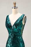 Sparkly Peacock Green Mermaid Open Back Sequin Long Prom Dress with Slit