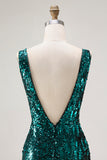 Sparkly Peacock Green Mermaid Open Back Sequin Long Prom Dress with Slit