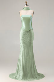 Two Piece Sage Green Strapless Mermaid Beaded Satin Long Prom Dress with a Neck Scarf