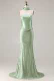 Sage Green Beaded Mermaid Strapless Satin Long Prom Dress with Cape