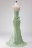 Sage Green Beaded Mermaid Strapless Satin Long Prom Dress with Cape