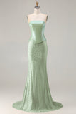 Sage Green Beaded Mermaid Strapless Satin Long Prom Dress with Cape