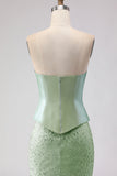 Sage Green Beaded Mermaid Strapless Satin Long Prom Dress with Cape