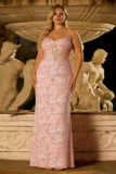 Blush Pink Spaghetti Straps Sheath Corset Long Plus Size Prom Dress with Appliques
