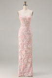 Blush Pink Sheath Sequin Corset Spaghetti Straps Long Prom Dress