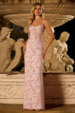 Sparkly Blush Pink Sheath Sheer Boned Corset Long Prom Dress with Sequins