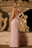 Sparkly Blush Pink Sheath Sheer Boned Corset Long Prom Dress with Sequins