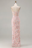 Blush Pink Sheath Sequin Corset Spaghetti Straps Long Prom Dress