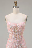 Blush Pink Sheath Sequin Corset Spaghetti Straps Long Prom Dress