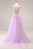 Sweetheart Lilac Tulle A-Line Appliqued Long Prom Dress with Slit