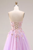 Sweetheart Lilac Tulle A-Line Appliqued Long Prom Dress with Slit