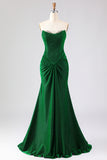 Strapless Mermaid Dark Green Ruched Satin Long Prom Dress with Lace Up Back