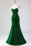 Strapless Mermaid Dark Green Ruched Satin Long Prom Dress with Lace Up Back