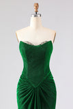Strapless Mermaid Dark Green Ruched Satin Long Prom Dress with Lace Up Back