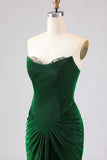 Strapless Mermaid Dark Green Ruched Satin Long Prom Dress with Lace Up Back